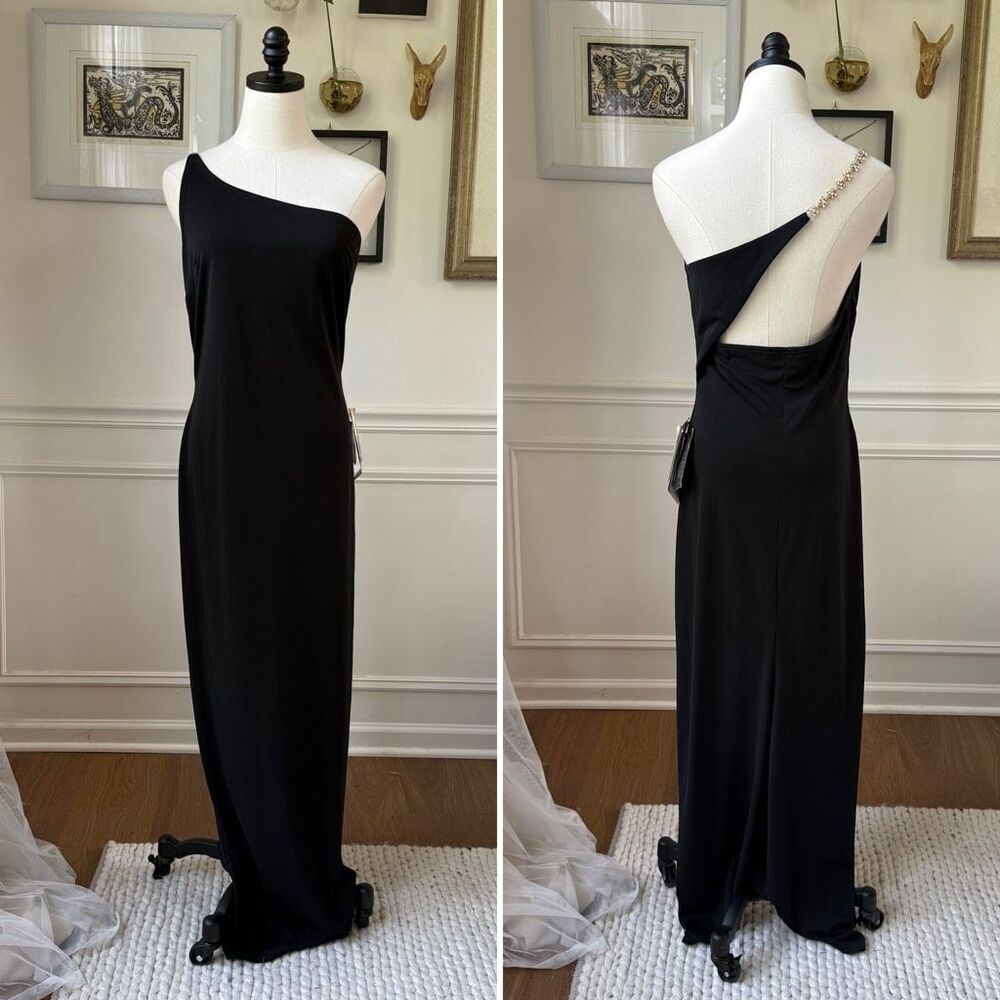 NWT NOS Vintage 90s Jessica McClintock Black Grecian Cut Out Column Formal Gown
